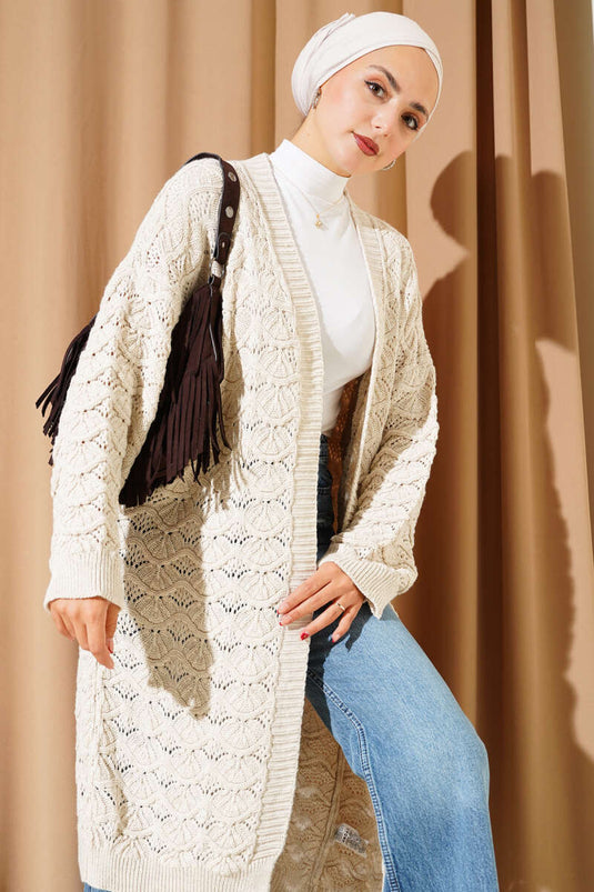 Beige Knit Cardigan with Crochet Pattern Details
