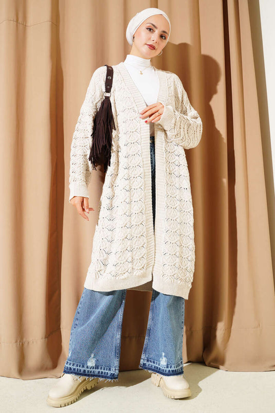 Beige Knit Cardigan with Crochet Pattern Details