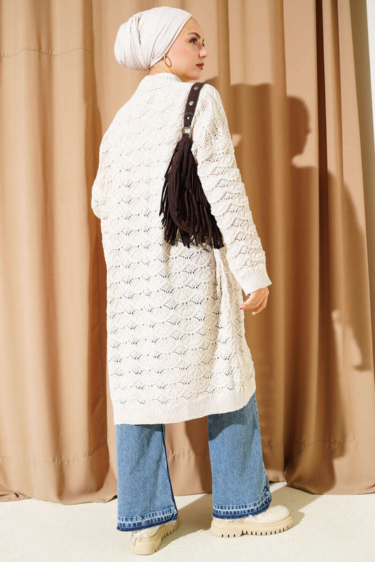 Beige Knit Cardigan with Crochet Pattern Details