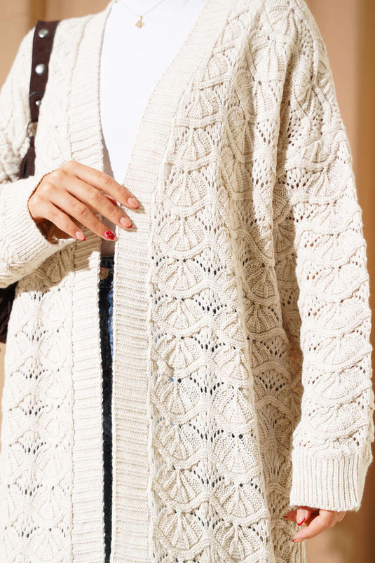 Beige Knit Cardigan with Crochet Pattern Details