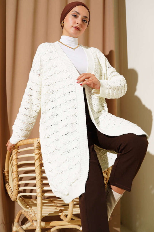 Knitted Pattern Detailed Knit Cardigan Ecru