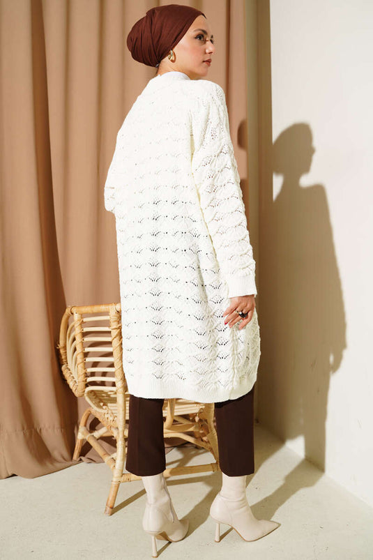 Knitted Pattern Detailed Knit Cardigan Ecru