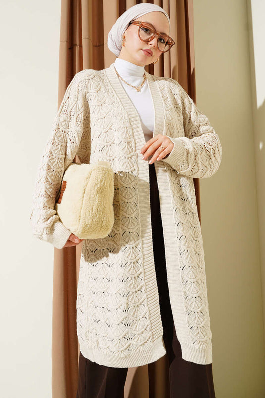Knitted Pattern Detailed Wool Cardigan Stone