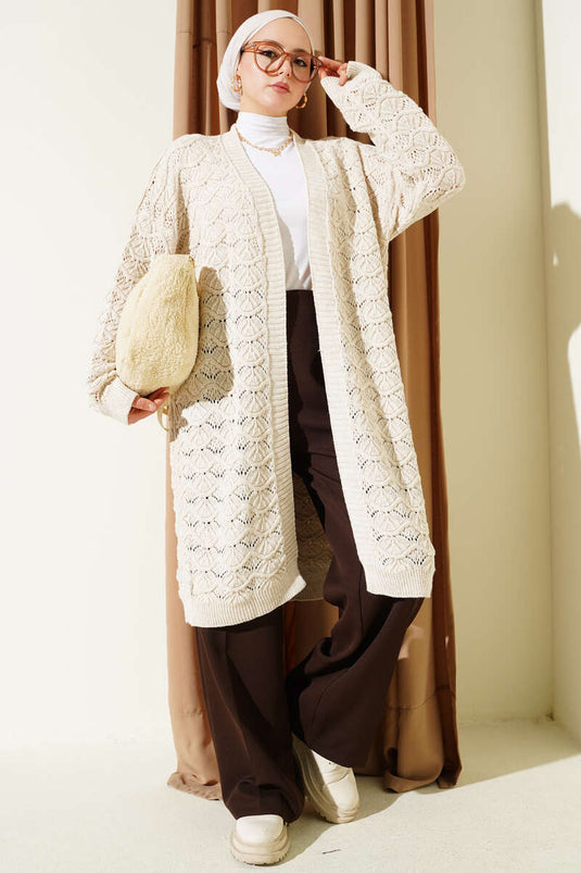Knitted Pattern Detailed Wool Cardigan Stone