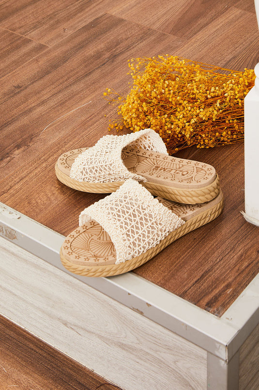 Örgü Desen Terlik Krem