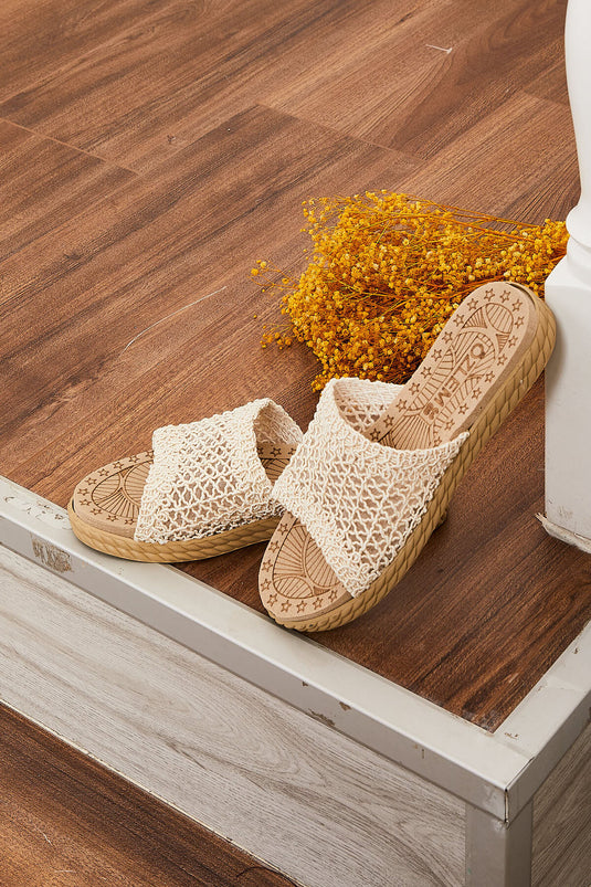 Örgü Desen Terlik Krem