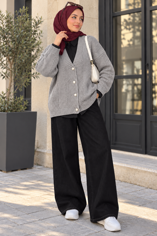 Örgü Desenli Düğmeli Triko Hırka Gri