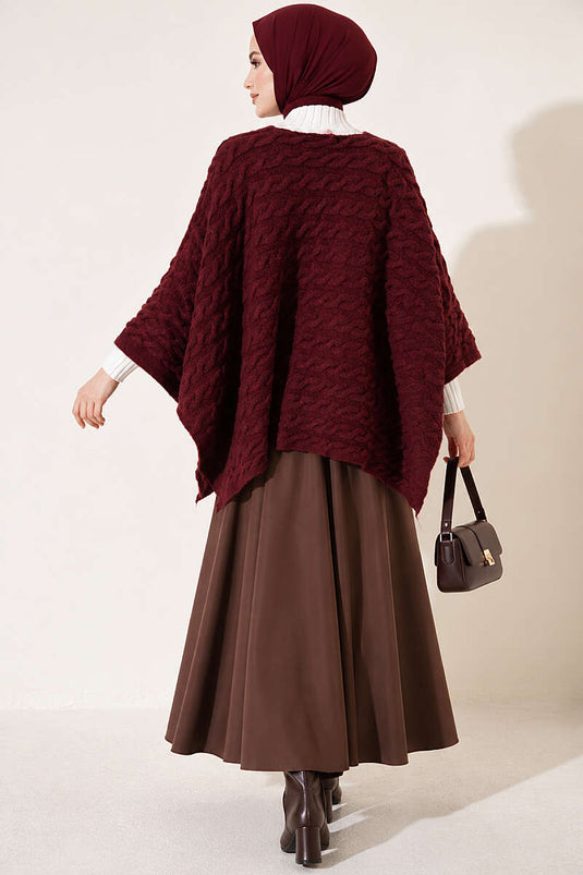 Poncho En Maille À Motifs Bordeaux