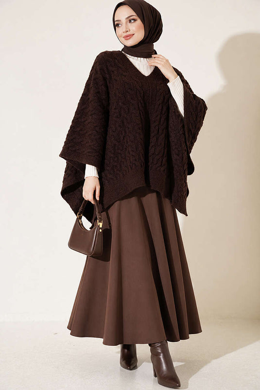Poncho En Maille À Motif Marron