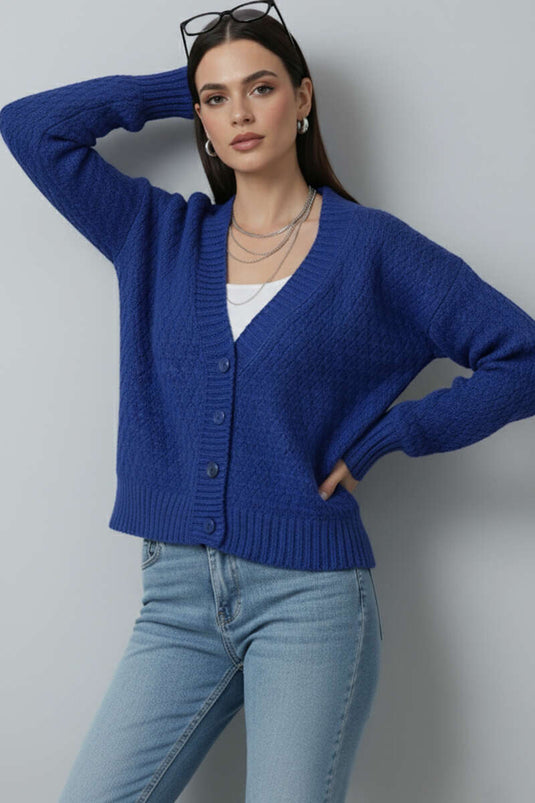 Örgü Detaylı Düğmeli Triko Hırka Saks