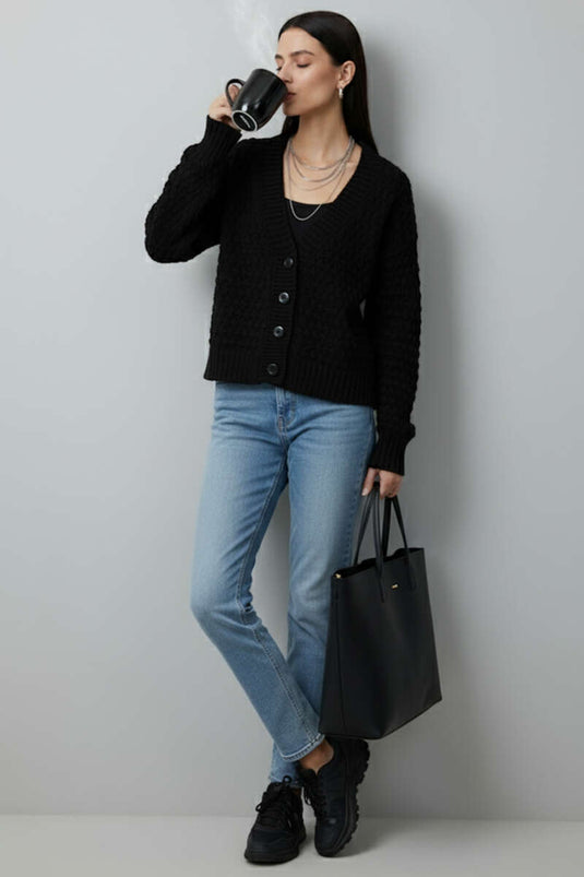 Knitted Cardigan with Button Details, Black