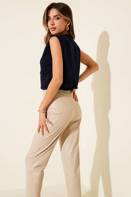 Knitted Vest with Button Details, Navy Blue