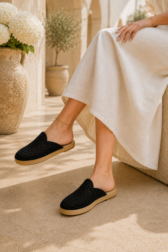 Black Knit-Detail Closed Toe Slippers