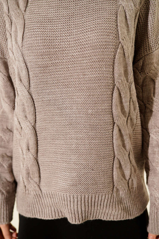 كنزة صوفية محبوكة بتفاصيل محبوكة، بيج