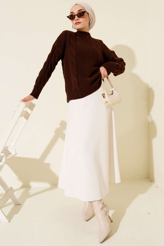 كنزة صوفية محبوكة بتفاصيل محبوكة، لون بني قهوة