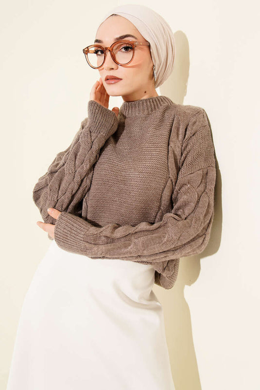 كنزة صوفية محبوكة بتفاصيل محبوكة، لون المنك