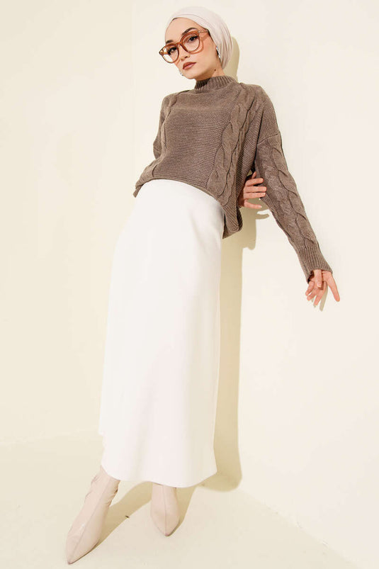 كنزة صوفية محبوكة بتفاصيل محبوكة، لون المنك