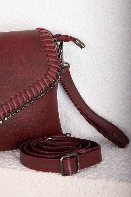 حقيبة يد وكتف بغطاء بخياطة محبوكة لون خمري