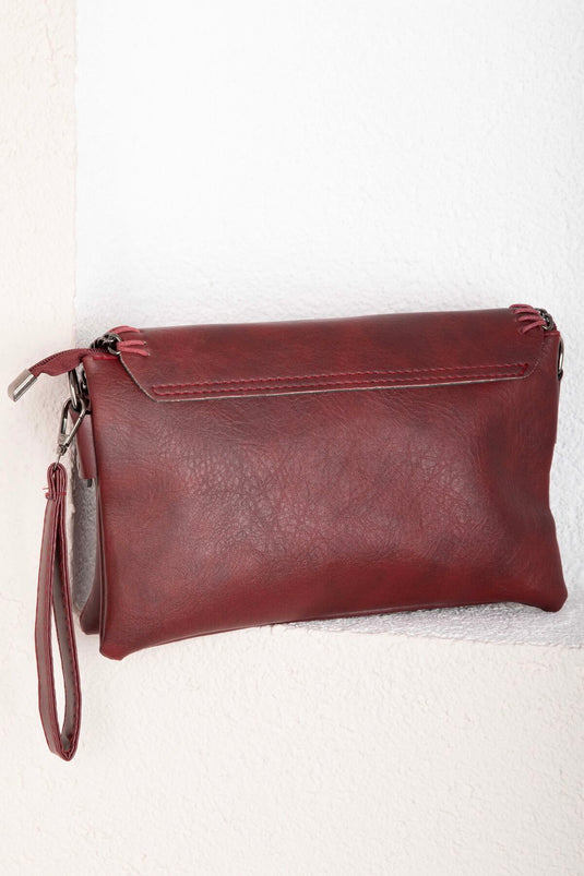 حقيبة يد وكتف بغطاء بخياطة محبوكة لون خمري