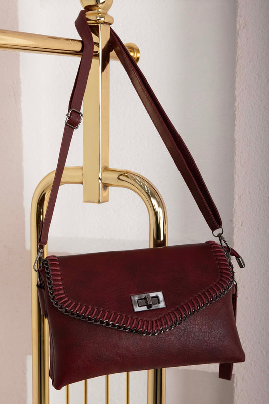 حقيبة يد وكتف بغطاء بخياطة محبوكة لون خمري