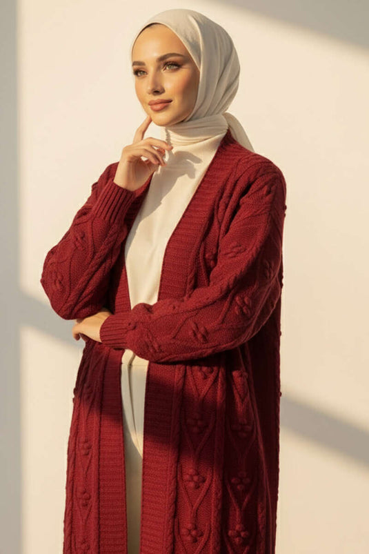 Cardigan long en maille à motifs en relief bordeaux