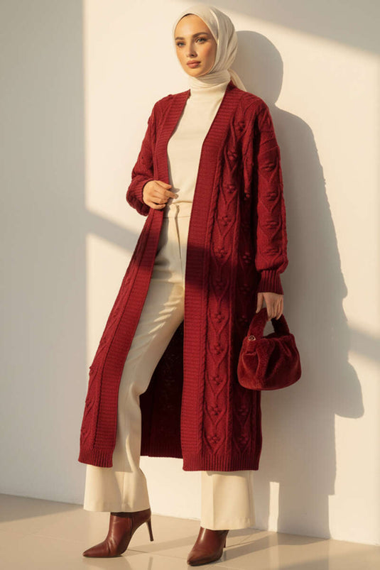 Cardigan long en maille à motifs en relief bordeaux