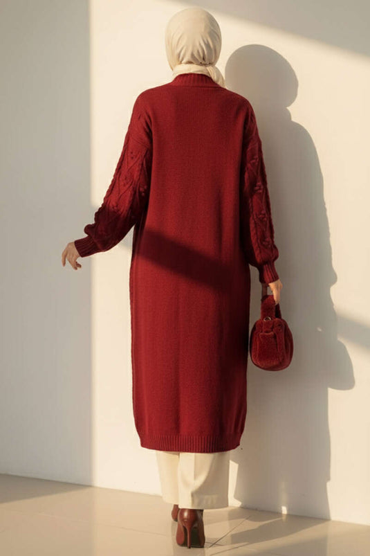 Cardigan long en maille à motifs en relief bordeaux