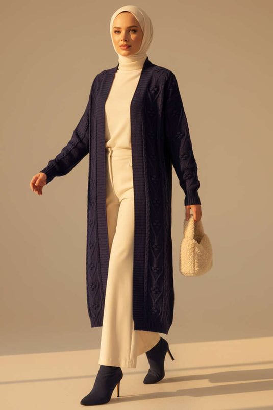 Cardigan long en maille à motifs en relief bleu marine