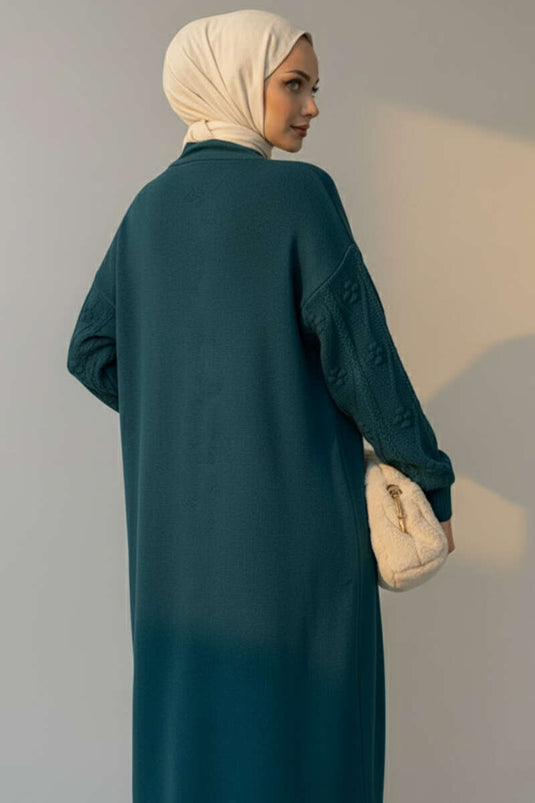 Cardigan long en maille à motifs en relief, couleur pétrole