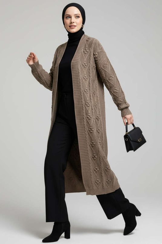 Cardigan long en maille à motifs en relief, couleur vison