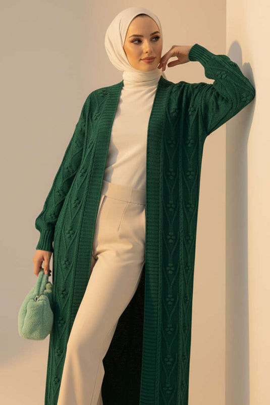 Cardigan long en maille à motifs en relief Émeraude