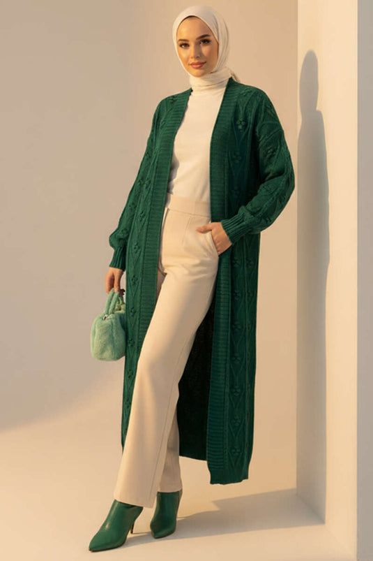 Cardigan long en maille à motifs en relief Émeraude