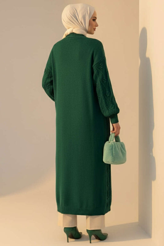 Cardigan long en maille à motifs en relief Émeraude