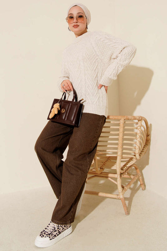 Örgü Kabartmalı Triko Kazak Ekru