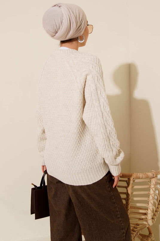 Örgü Kabartmalı Triko Kazak Ekru