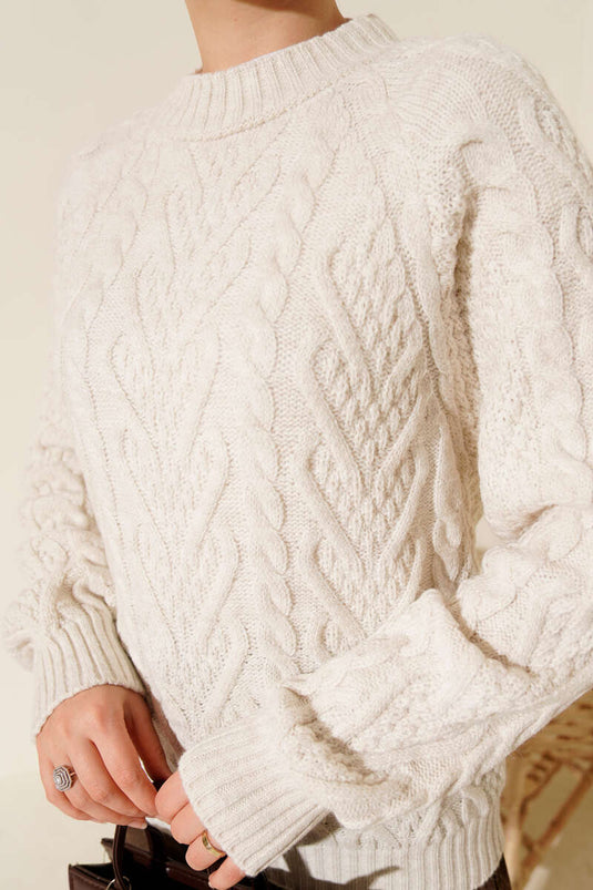 Örgü Kabartmalı Triko Kazak Ekru