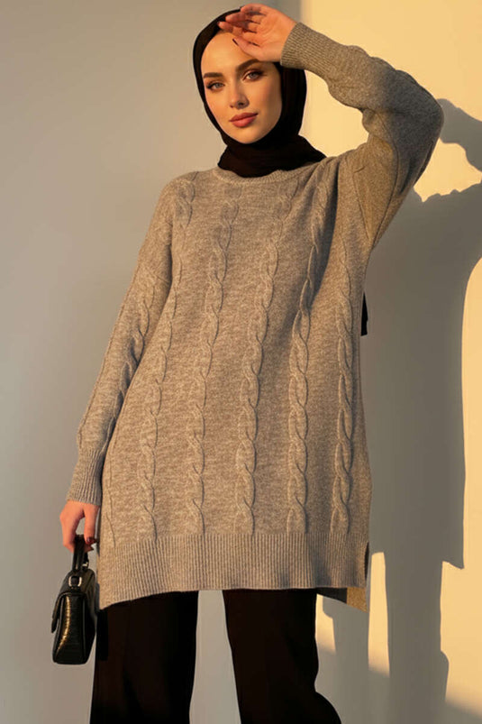 تونيك محبوك ناعم منقوش باللون الرمادي