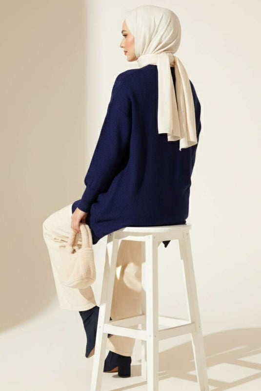 Tunique en maille douce gaufrée bleu marine