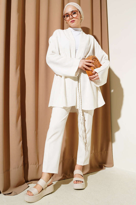 كيمونو محبوك بحزام بلون البيج