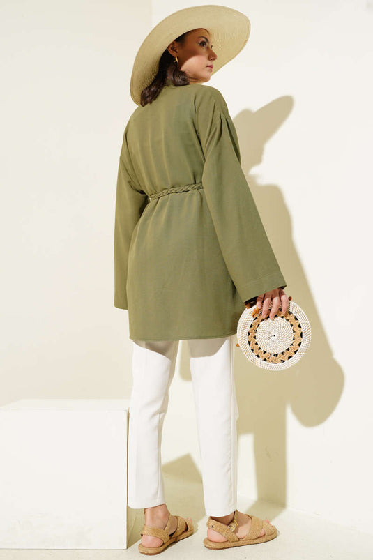 Gestrickter Kimono mit Gürtel, Khaki