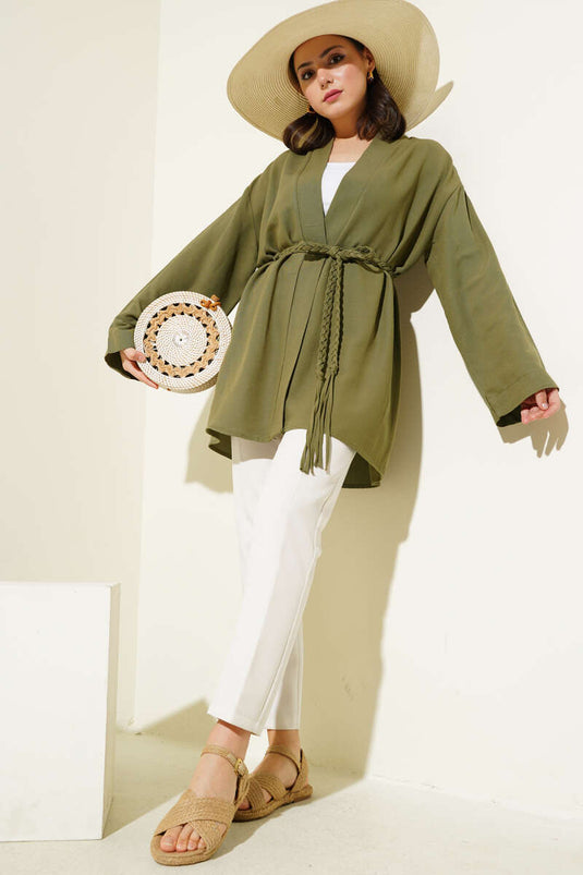 Gestrickter Kimono mit Gürtel, Khaki