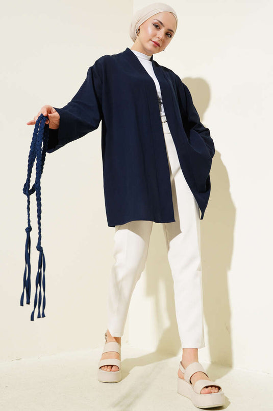 Gestrickter Kimono mit Gürtel, marineblau