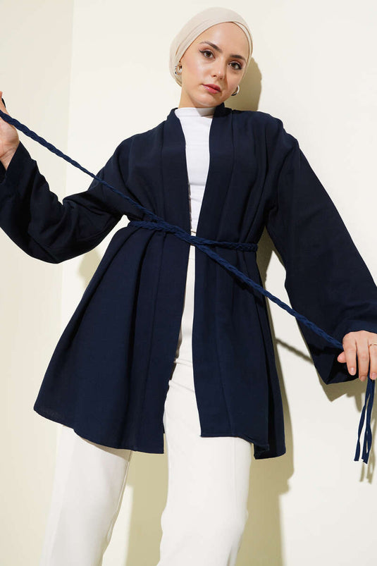 كيمونو محبوك بحزام أزرق داكن