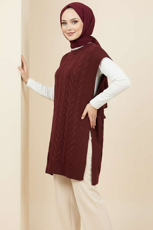 كنزة صوفية برباط جانبي، لون عنابي