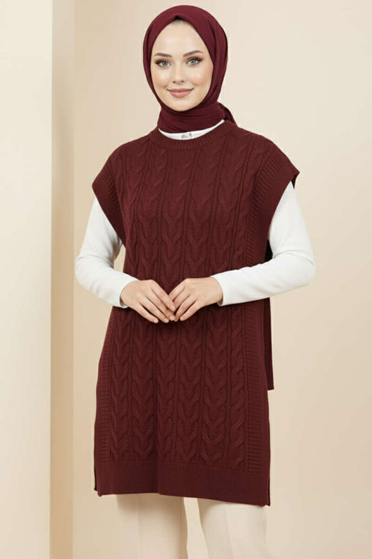 كنزة صوفية برباط جانبي، لون عنابي