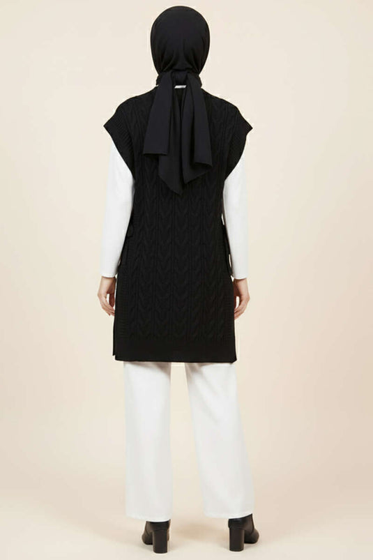 Örgü Yandan Bağlamalı Triko Süveter Siyah