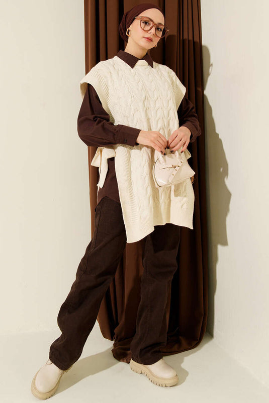 Örgü Yandan Bağlamalı Triko Süveter Taş