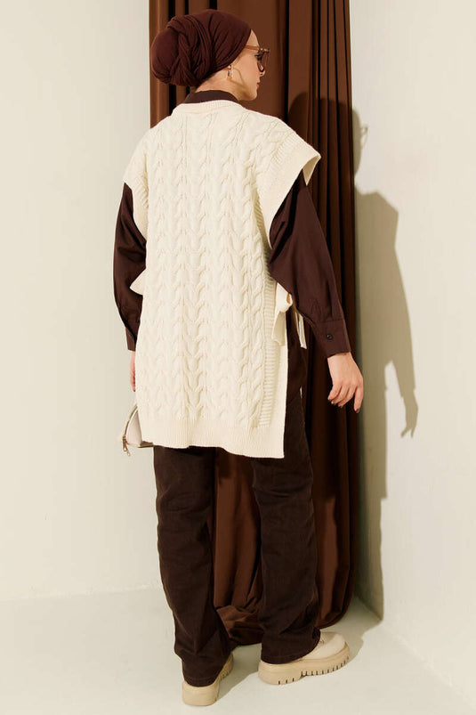 Örgü Yandan Bağlamalı Triko Süveter Taş