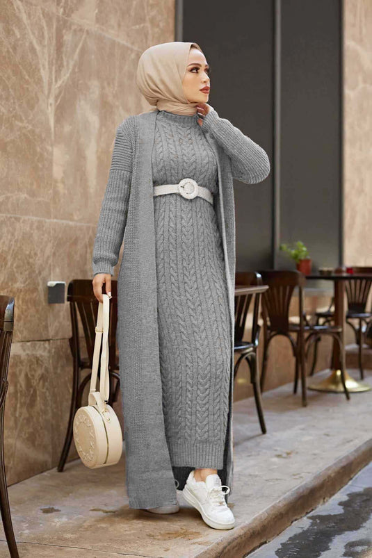 Örgülü Hırkalı Takım Gri