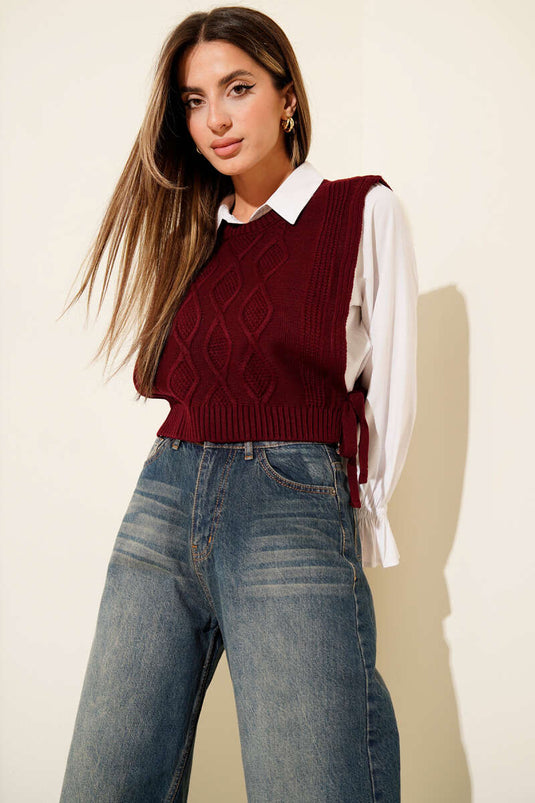 Knitted Short Sweater with Tie Sides, Burgundy
